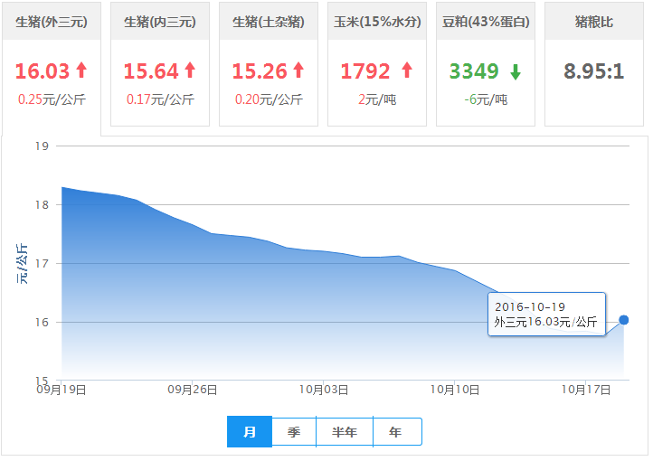 2016年10月19日全国外三元生猪价格行情涨跌表