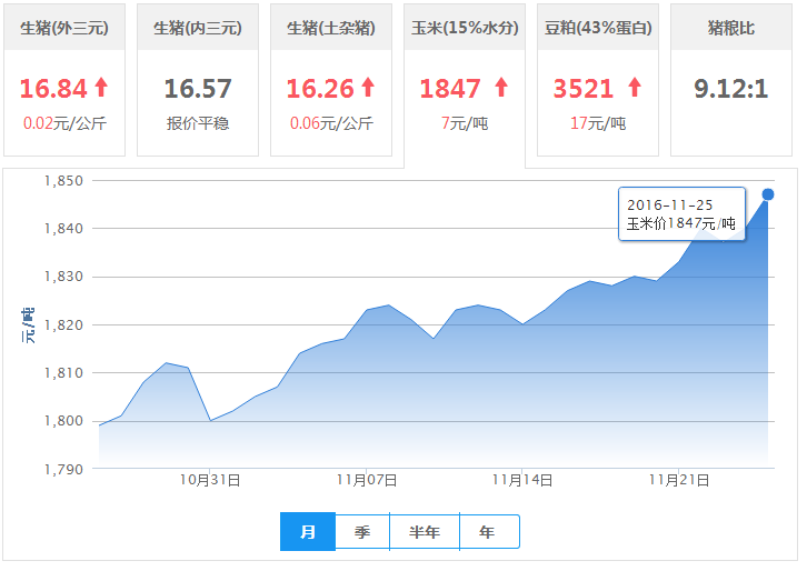 2016年11月25日全国玉米价格行情走势汇总