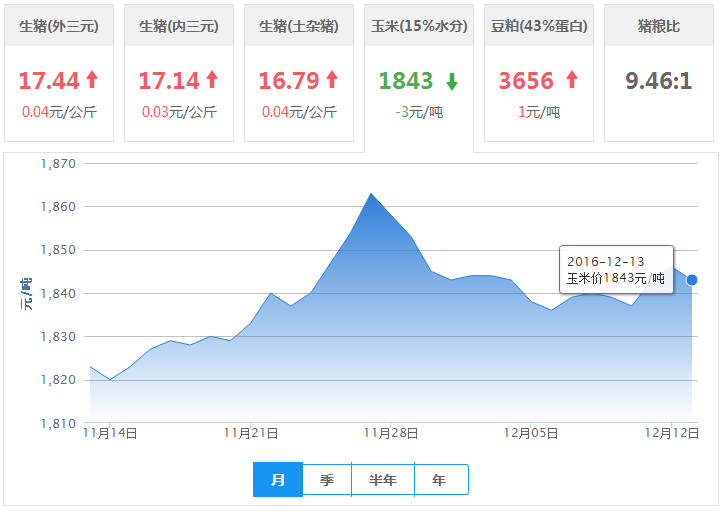 2016年12月13日全国玉米价格行情走势汇总