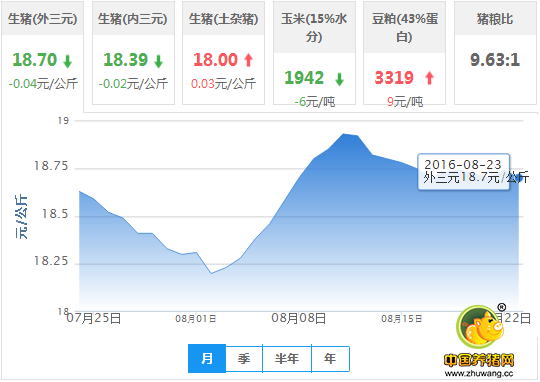 2016年08月23日全国外三元生猪价格行情涨跌表