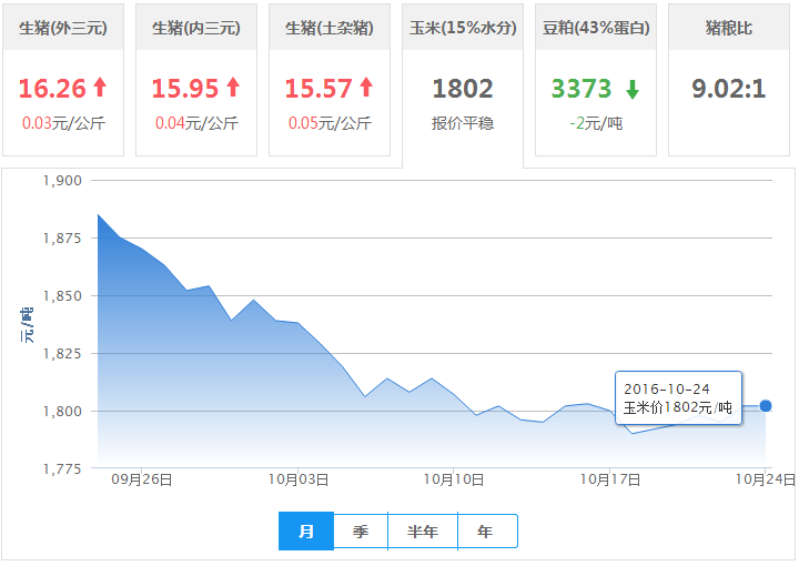 2016年10月24日全国玉米价格行情走势汇总