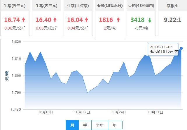 2016年11月05日全国玉米价格行情走势汇总