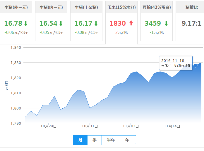 2016年11月19日全国玉米价格行情走势汇总