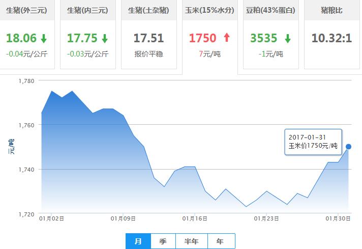 2017年01月31日全国玉米价格行情走势汇总