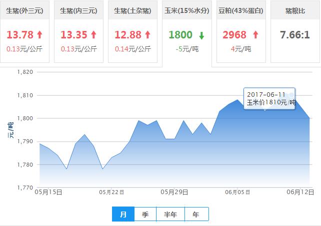 2017年06月13日全国玉米价格行情走势汇总