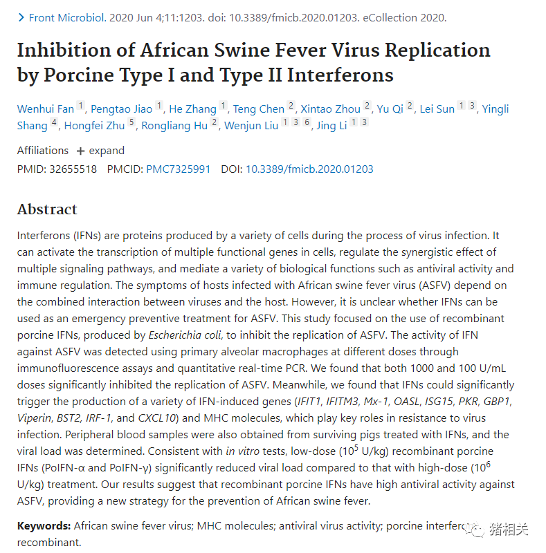 中科院：使用干扰素对非洲猪瘟感染进行紧急预防性治疗的探索